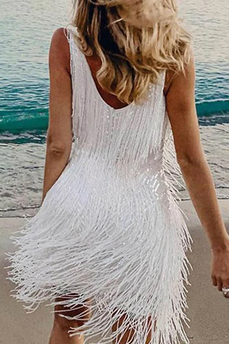 Drune | Sexy Party Einfarbig Quasten V-Ausschnitt Weste Kleid Kleider- 6 Farben