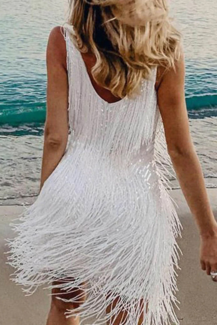 Drune | Sexy Party Einfarbig Quasten V-Ausschnitt Weste Kleid Kleider- 6 Farben