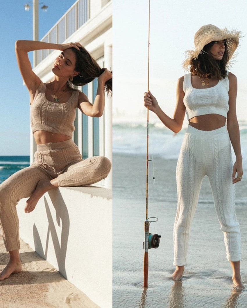 Damen Set aus Cropped Top und Leggings mit elegantem Strickmuster Drune