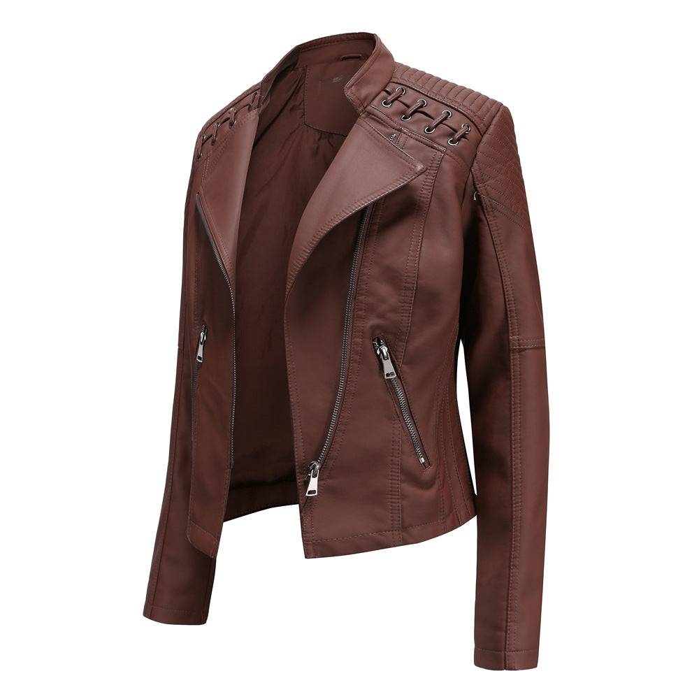 Damen nan kurze Bikerjacke aus Kunstleder mit dekorativen Ösenschnürungen an den Schultern Drune