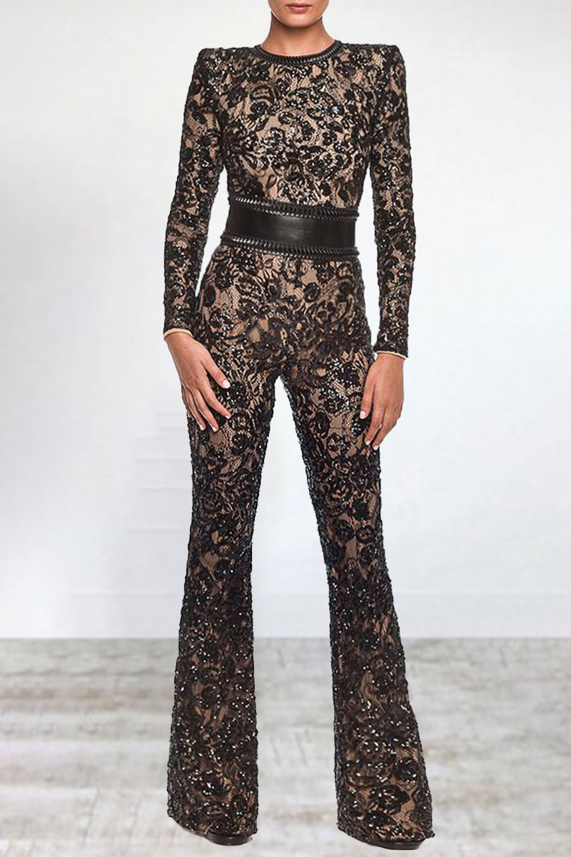 Drune | Prominente Elegante Einfarbige Spitze Patchwork mit Gürtel O-Hals Reguläre Jumpsuits