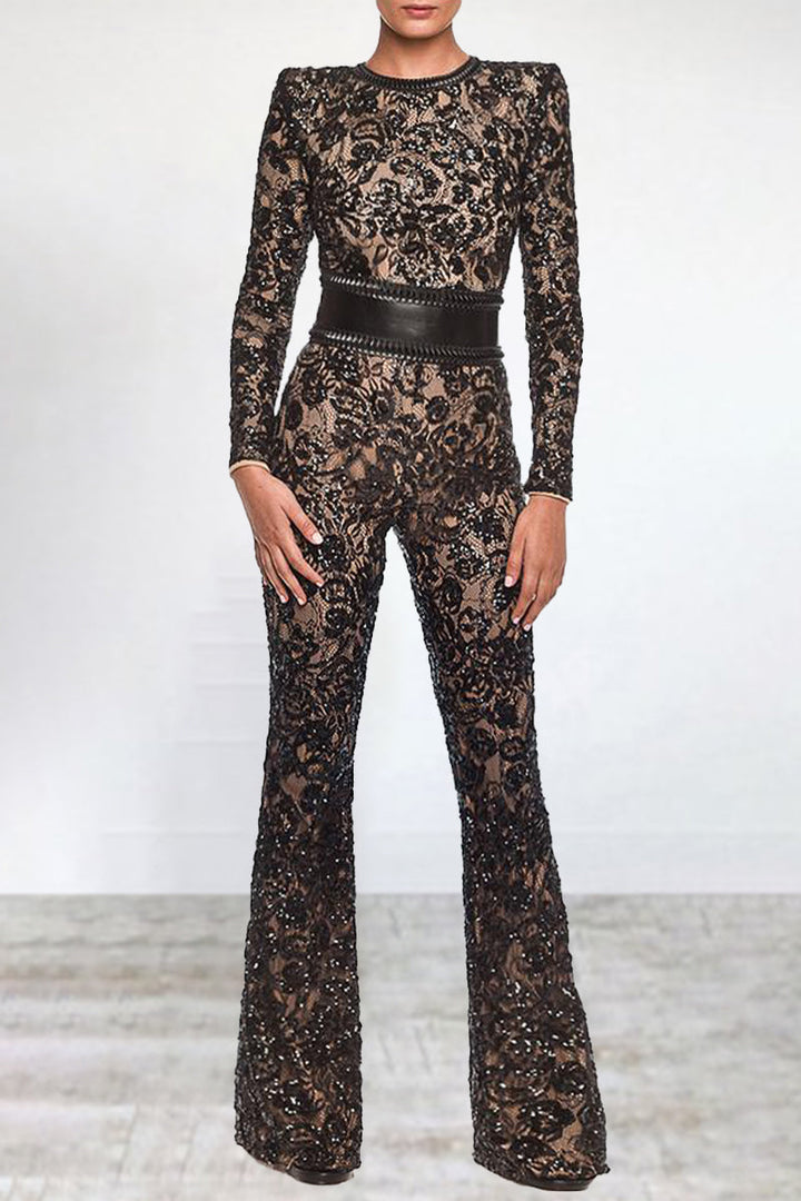 Drune | Prominente Elegante Einfarbige Spitze Patchwork mit Gürtel O-Hals Reguläre Jumpsuits