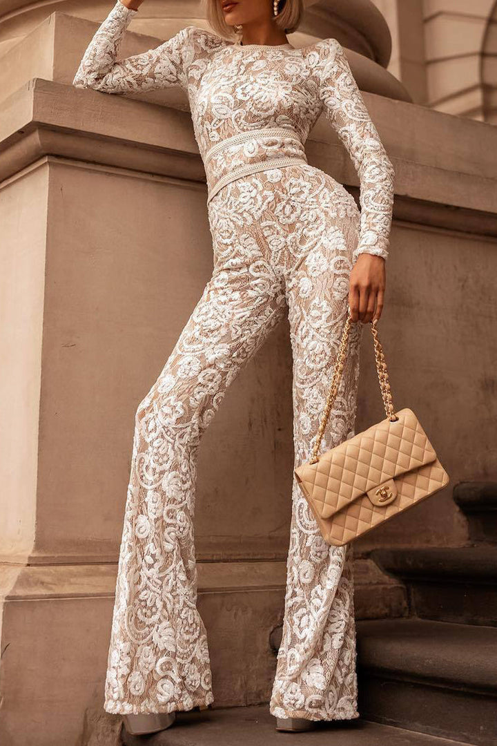 Drune | Prominente Elegante Einfarbige Spitze Patchwork mit Gürtel O-Hals Reguläre Jumpsuits