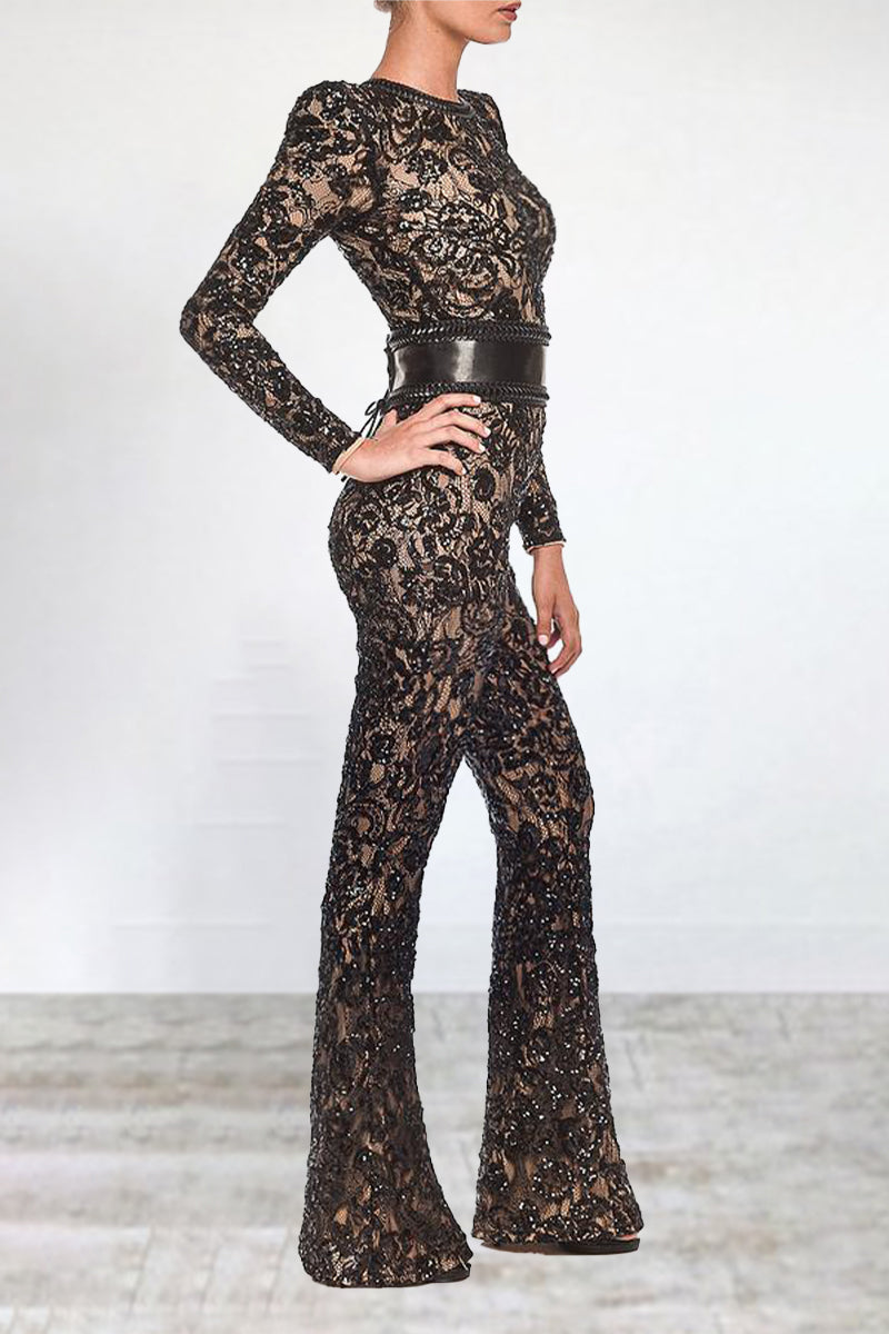 Drune | Prominente Elegante Einfarbige Spitze Patchwork mit Gürtel O-Hals Reguläre Jumpsuits