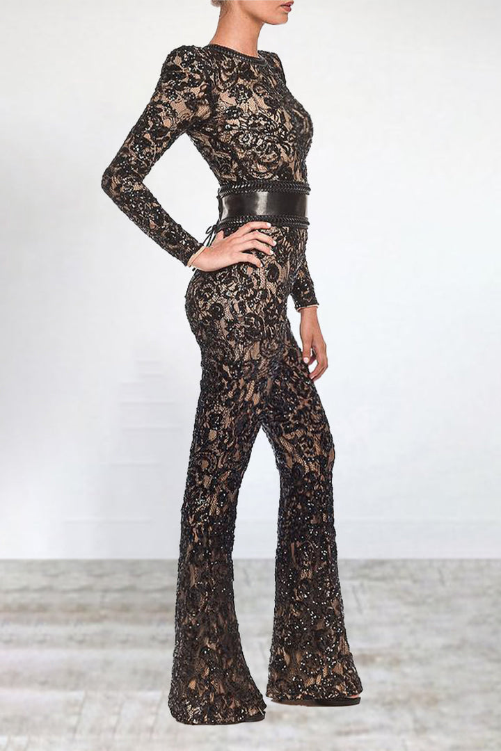 Drune | Prominente Elegante Einfarbige Spitze Patchwork mit Gürtel O-Hals Reguläre Jumpsuits