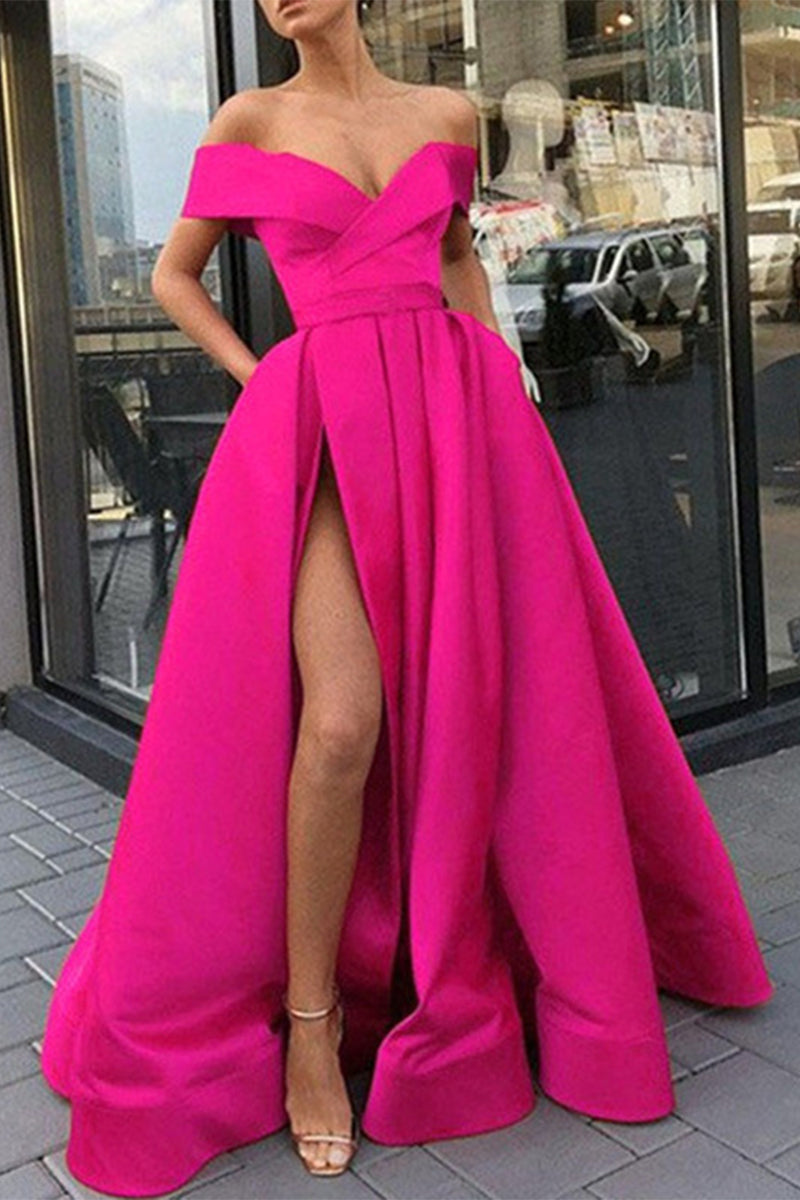 Drune | Elegantes Formelles Einfarbiges Schlitz V-Ausschnitt Abendkleid Kleider- 12 Farben