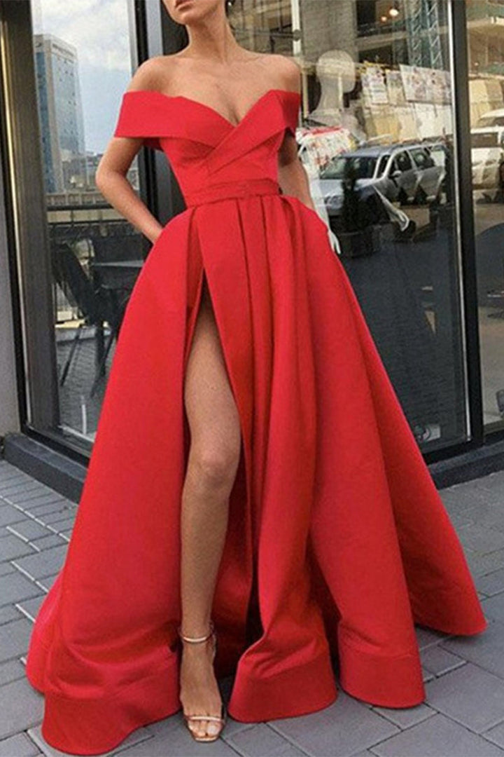 Drune | Elegantes Formelles Einfarbiges Schlitz V-Ausschnitt Abendkleid Kleider- 12 Farben