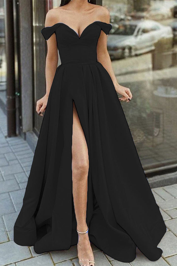 Drune | Elegantes Formelles Einfarbiges Schlitz V-Ausschnitt Abendkleid Kleider- 12 Farben
