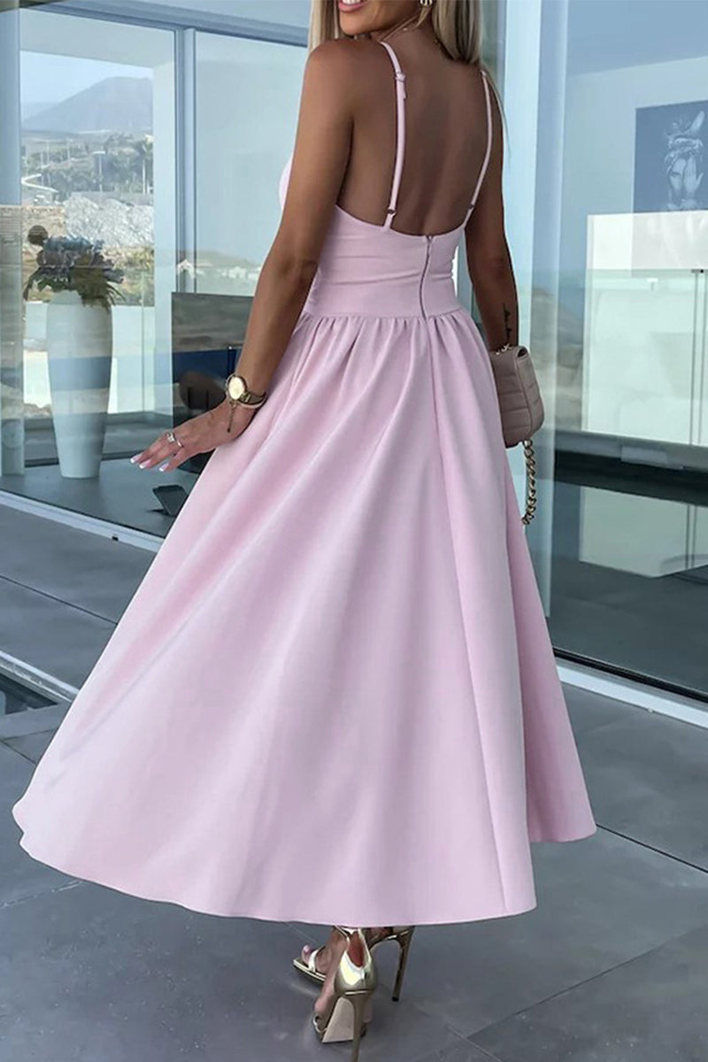 Drune | Lässiges Süßes Einfarbiges Schlitz V-Ausschnitt Trägerkleid Kleider