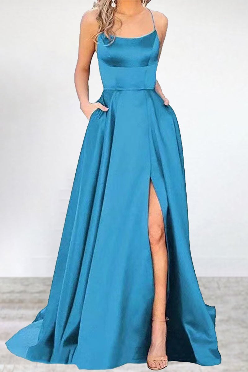Drune | Sexy Formell Einfarbig Hohe Öffnung U Hals Abendkleid Kleider- 16 Farben