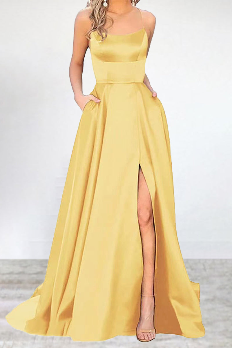 Drune | Sexy Formell Einfarbig Hohe Öffnung U Hals Abendkleid Kleider- 16 Farben