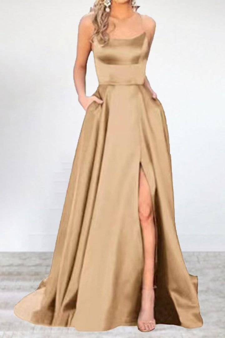 Drune | Sexy Formell Einfarbig Hohe Öffnung U Hals Abendkleid Kleider- 16 Farben