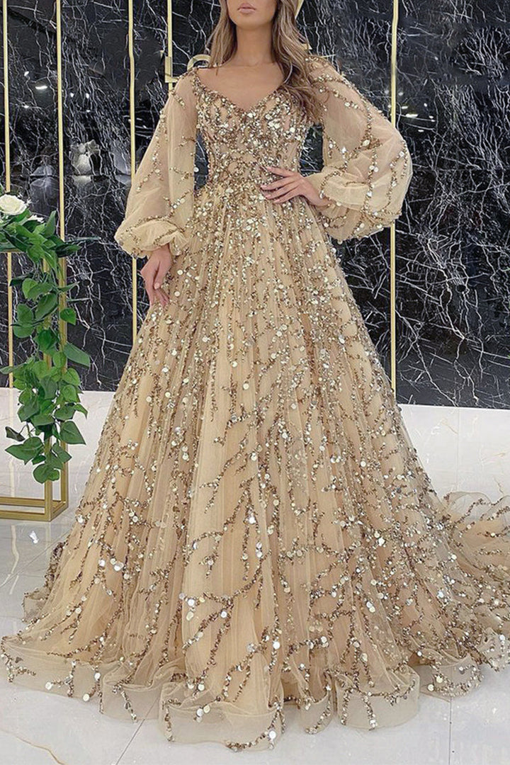 Damen bodenlanges Abendkleid mit Perlenstickerei, Patchwork und V-Ausschnitt