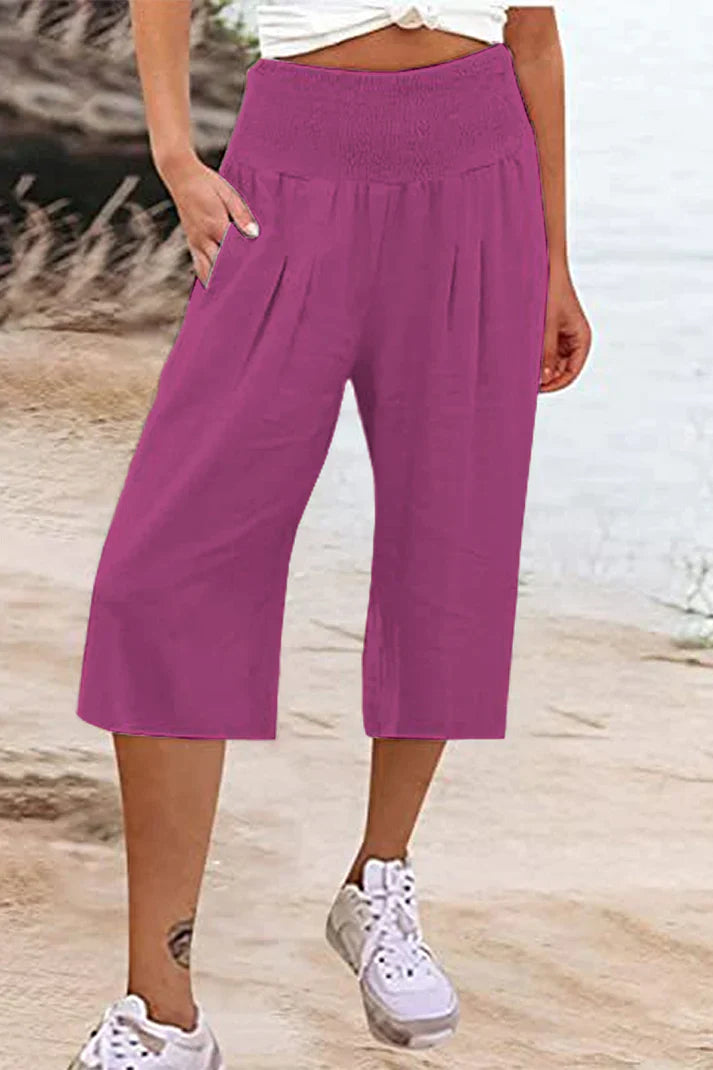 Drune - Einfache Hose mit hoher Taille und weitem Bein, einfarbig, mittlere Länge
