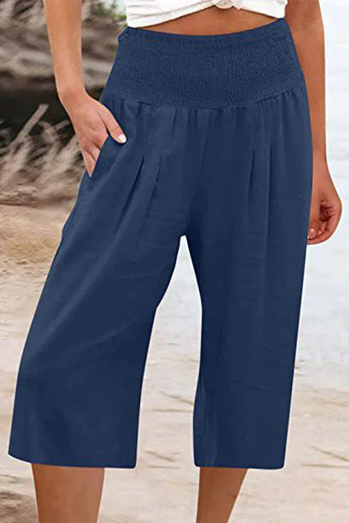 Drune - Einfache Hose mit hoher Taille und weitem Bein, einfarbig, mittlere Länge