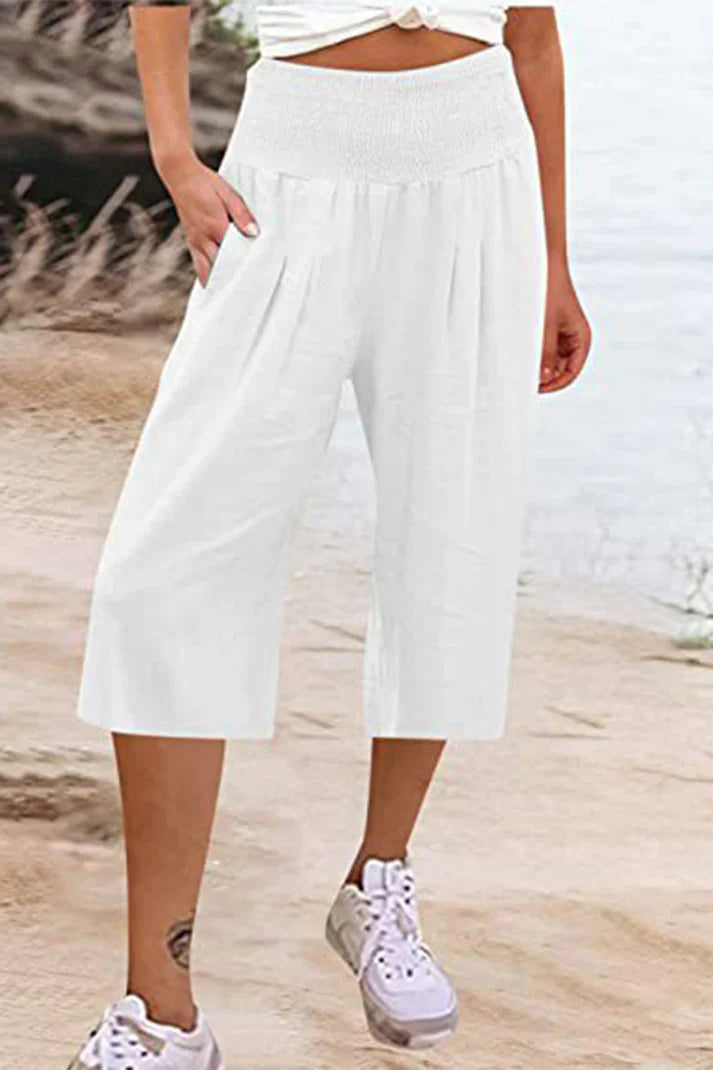Drune - Einfache Hose mit hoher Taille und weitem Bein, einfarbig, mittlere Länge