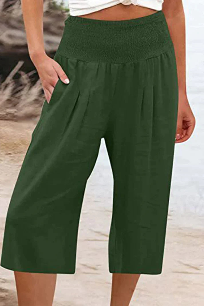 Drune - Einfache Hose mit hoher Taille und weitem Bein, einfarbig, mittlere Länge