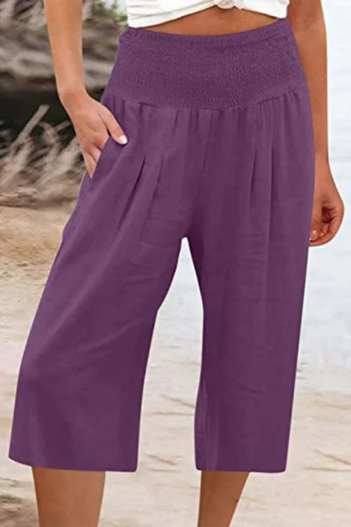 Drune - Einfache Hose mit hoher Taille und weitem Bein, einfarbig, mittlere Länge