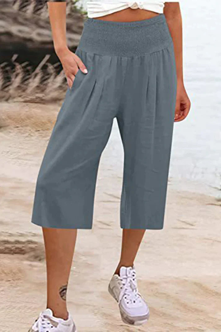 Drune - Einfache Hose mit hoher Taille und weitem Bein, einfarbig, mittlere Länge