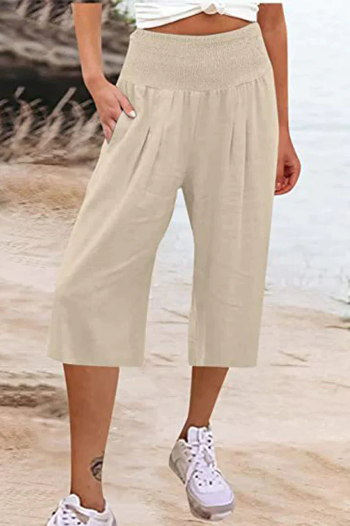 Drune - Einfache Hose mit hoher Taille und weitem Bein, einfarbig, mittlere Länge