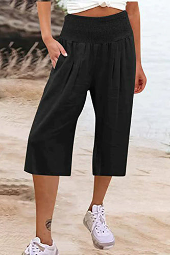 Drune - Einfache Hose mit hoher Taille und weitem Bein, einfarbig, mittlere Länge