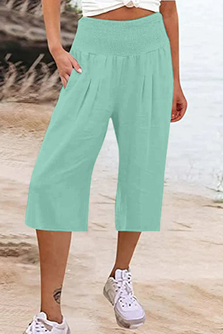 Drune - Einfache Hose mit hoher Taille und weitem Bein, einfarbig, mittlere Länge