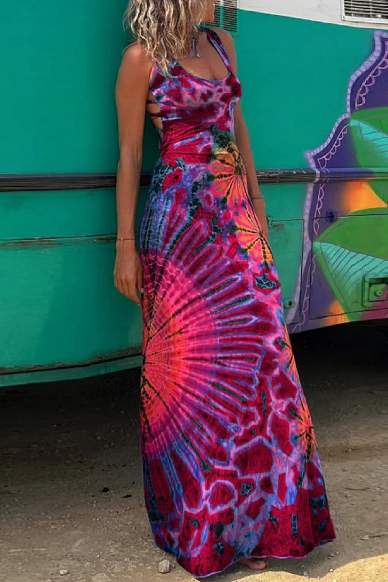 Drune | Lässiges Print Rückenausschnitt U Neck Weste Kleid Kleider - 3 Farben