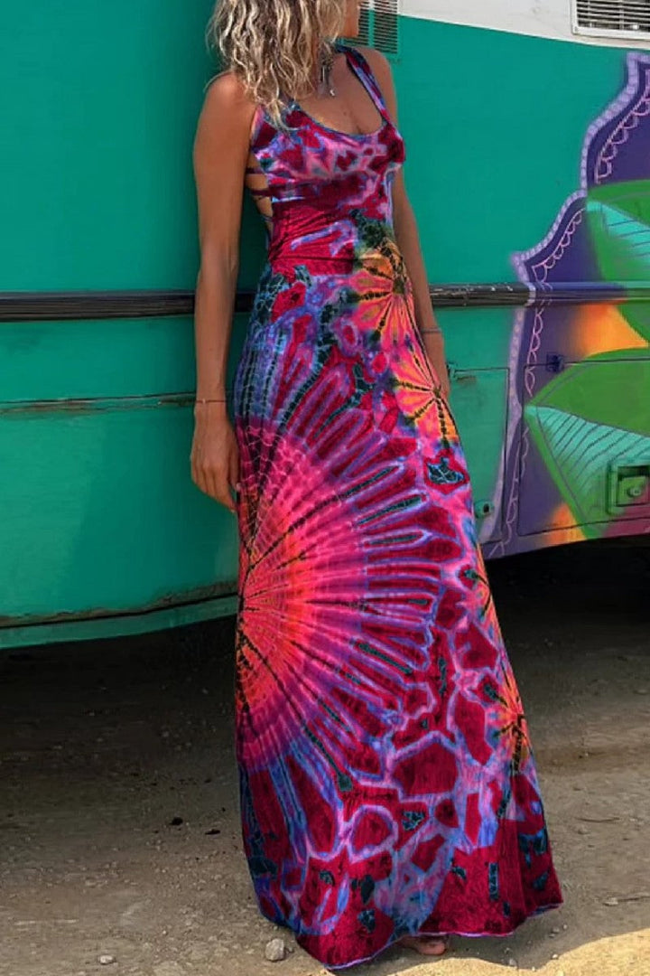 Drune | Lässiges Print Rückenausschnitt U Neck Weste Kleid Kleider - 3 Farben