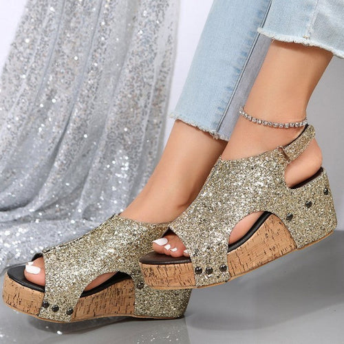 Drune | Lässige Ausgehöhlte Pailletten Patchwork Fischmund Outdoor Wedges Schuhe