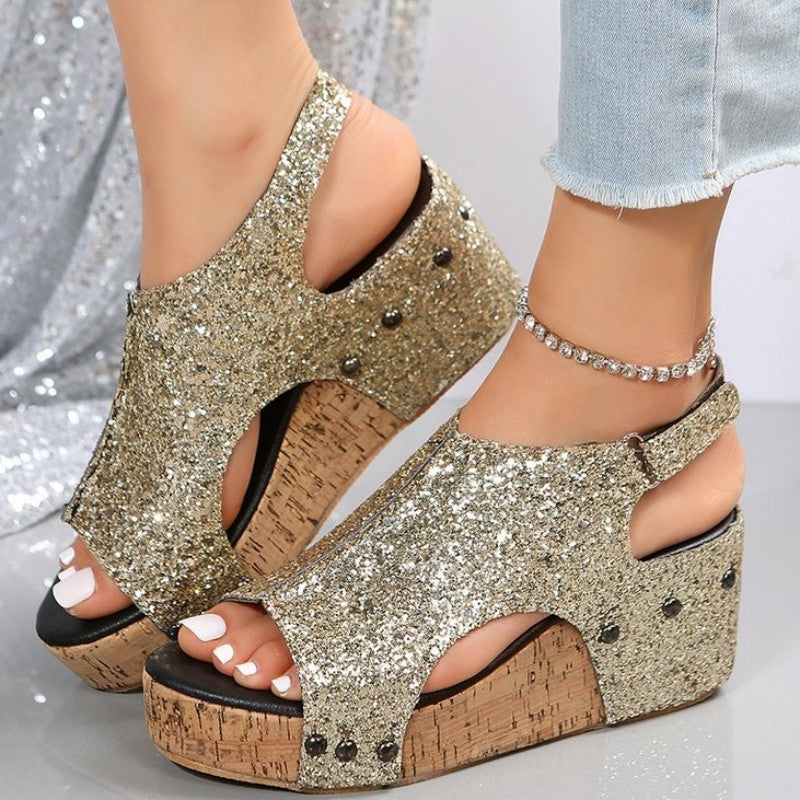 Drune | Lässige Ausgehöhlte Pailletten Patchwork Fischmund Outdoor Wedges Schuhe