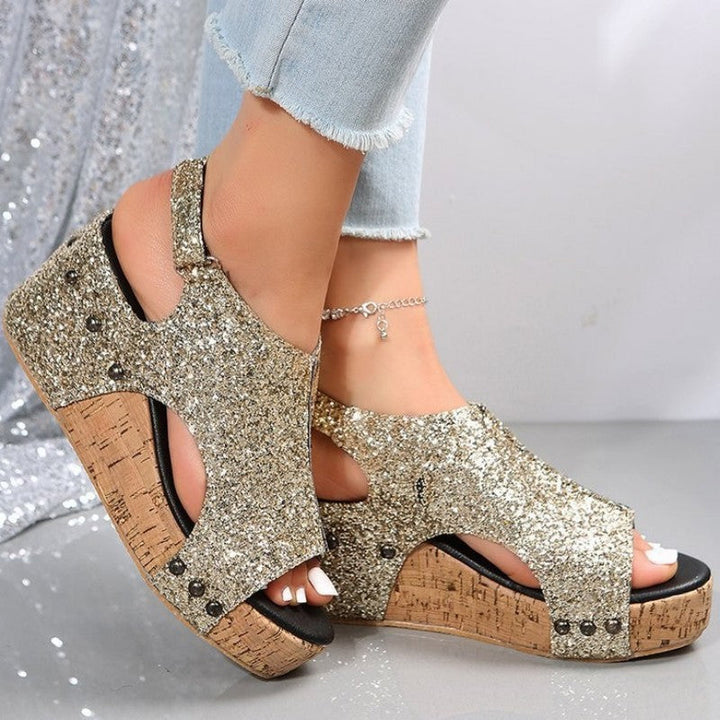 Drune | Lässige Ausgehöhlte Pailletten Patchwork Fischmund Outdoor Wedges Schuhe