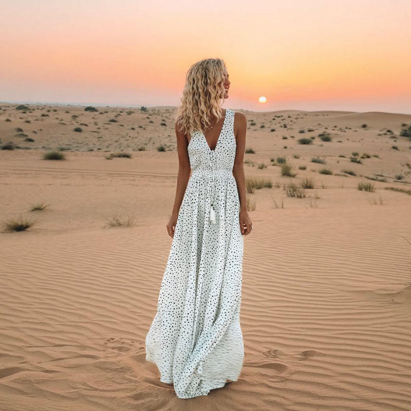 Drune | Bohemian-Patchwork-Kleid Mit V-Ausschnitt Und A-Linie In Punkten