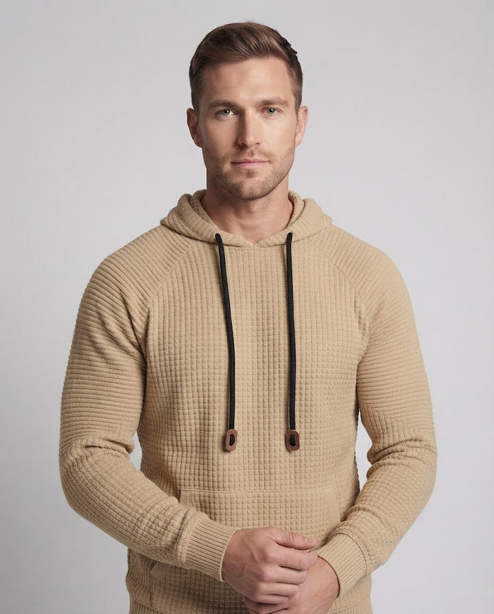 Herren Waffelstrick-Kapuzenpullover mit Kängurutasche und Kontrastkordeln Drune