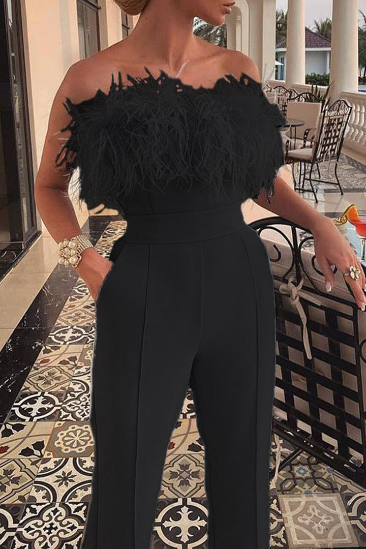 Drune | Sexy Einfarbige Federn Strapless Lässige Jumpsuits