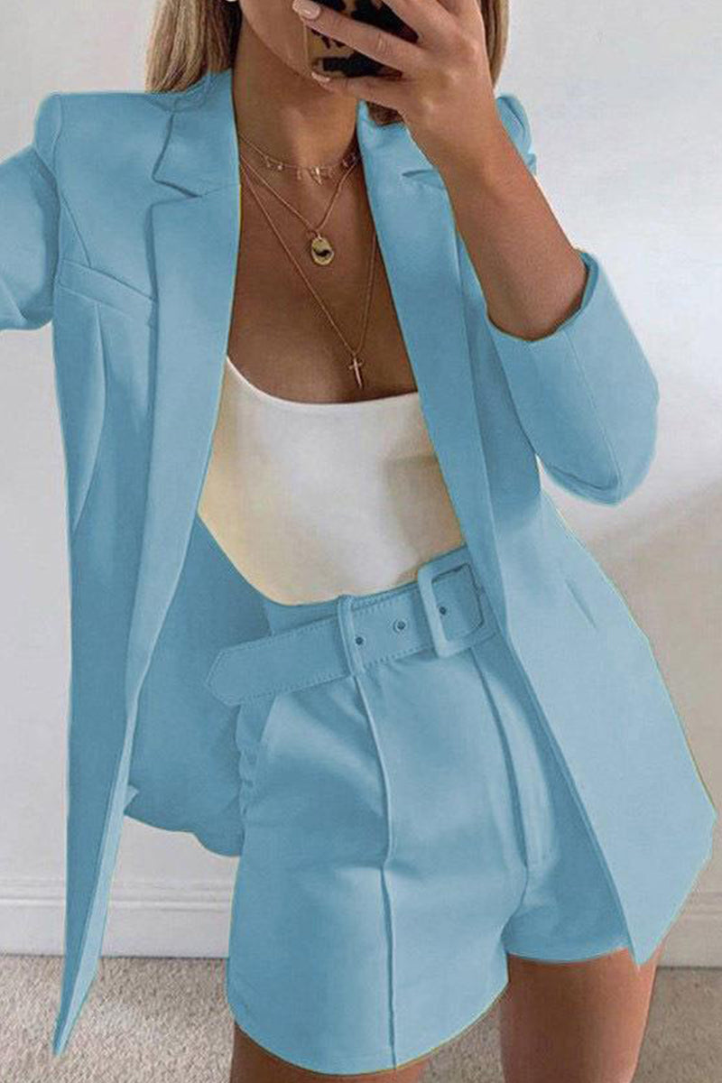 Drune | Schicker Solider Revers Langarm Anzug Mantel und Schmale Anzug Shorts Zweiteilig
