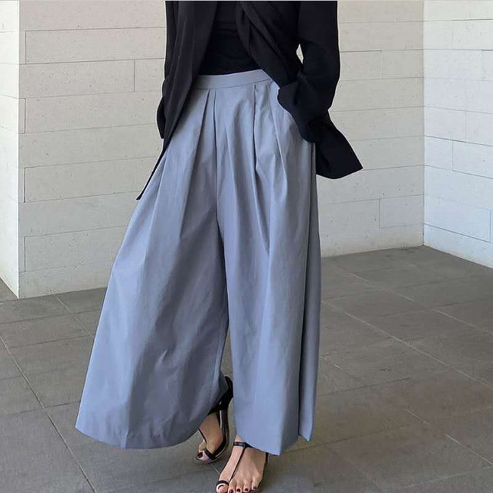 Damen Palazzo-Hose mit Faltenbund, hoher Taille und weitem Bein Drune
