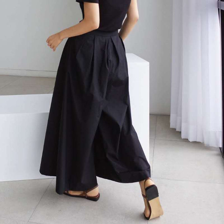 Damen Palazzo-Hose mit Faltenbund, hoher Taille und weitem Bein Drune