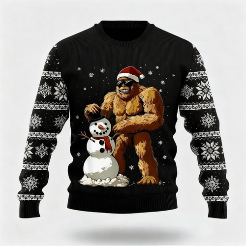 Drune | Lustiges Tier- und Schneemann-Musterdesign - Schwarzer Feiertagsikonen-Pullover