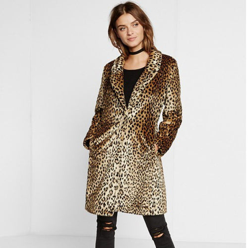 Damen Midilanger Faux‑Fur‑Mantel im Leopardenprint mit Reverskragen und Eingrifftaschen Drune