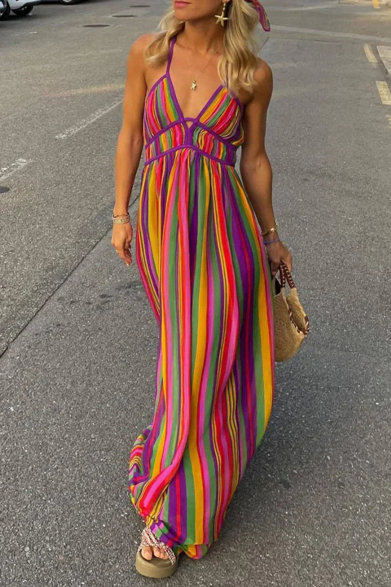 Drune | V-Ausschnitt Kleid mit Kontraststreifen für Den Urlaub