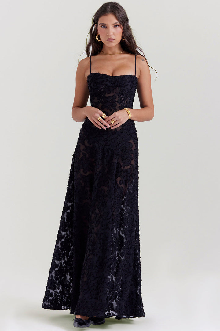 Retro Cremefarbene Maxi Kleid Mit Spitzeneinsatz hinten