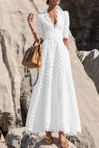 Drune | Elegante Einfarbige Ausgehöhlte V-Ausschnitt Taillierte Rock Kurzarm Kleid