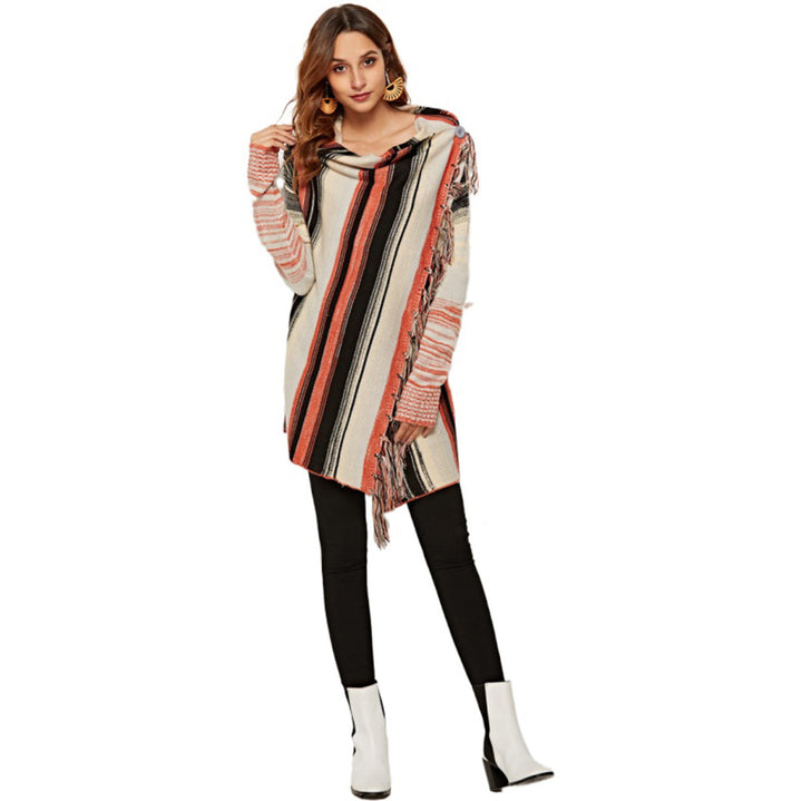 Damen modische Strickjacke mit Fransen und typischem Streifenmuster Drune