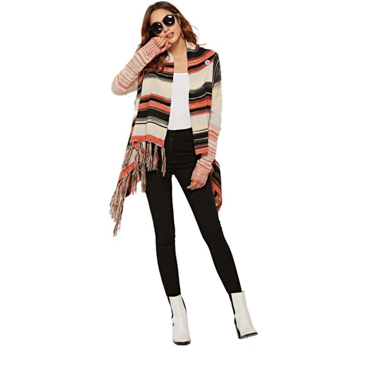 Damen modische Strickjacke mit Fransen und typischem Streifenmuster Drune