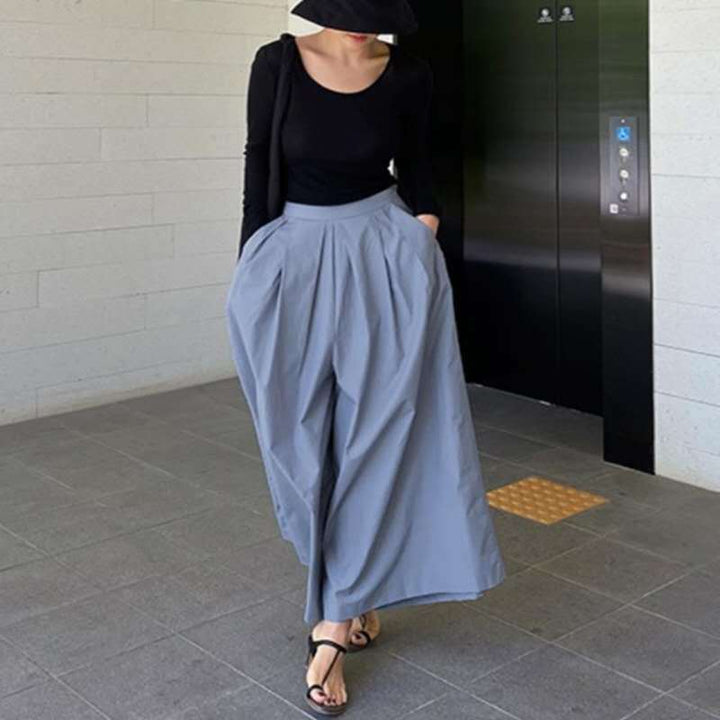 Damen Palazzo-Hose mit Faltenbund, hoher Taille und weitem Bein Drune