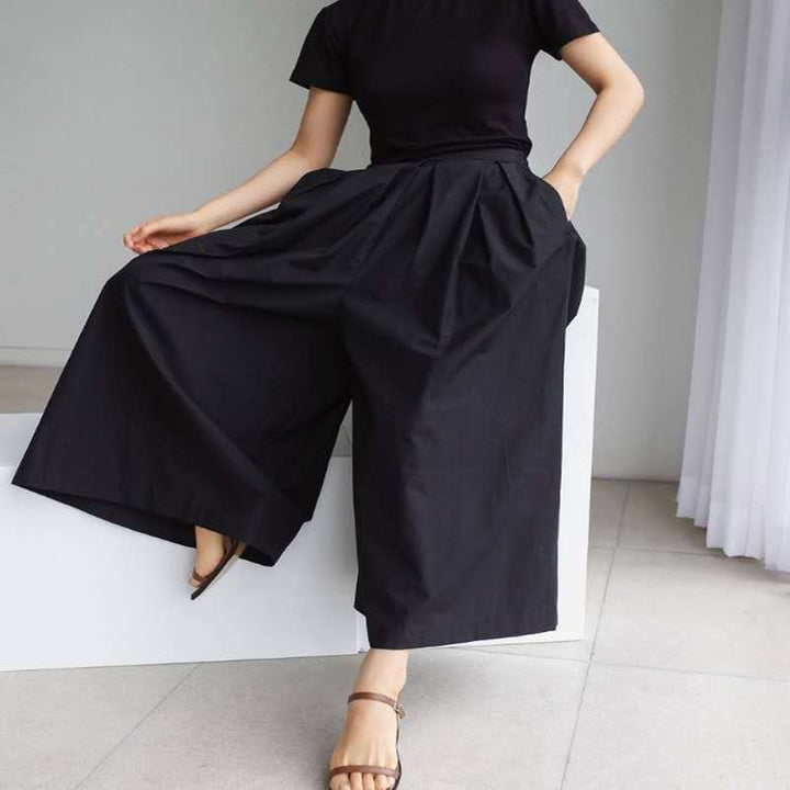 Damen Palazzo-Hose mit Faltenbund, hoher Taille und weitem Bein Drune