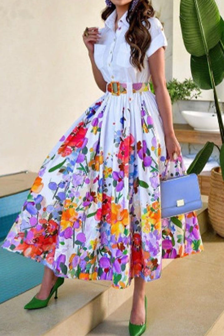 Drune | Prominente Elegante Florale mit Gürtel Umgeschlagenen Kragen Bedrucktes Kleid Kurzarmkleid