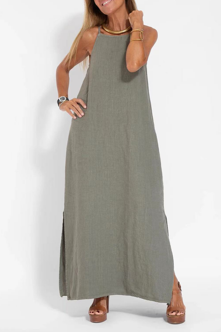 Drune | Casuale Einfachheit Solide Schlitz O-Hals Ärmellos Kleid Kleider- 3 Farben