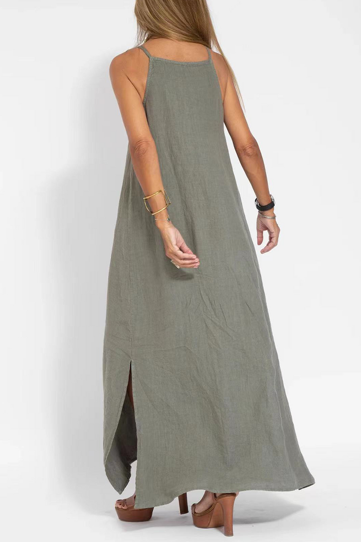 Drune | Casuale Einfachheit Solide Schlitz O-Hals Ärmellos Kleid Kleider- 3 Farben
