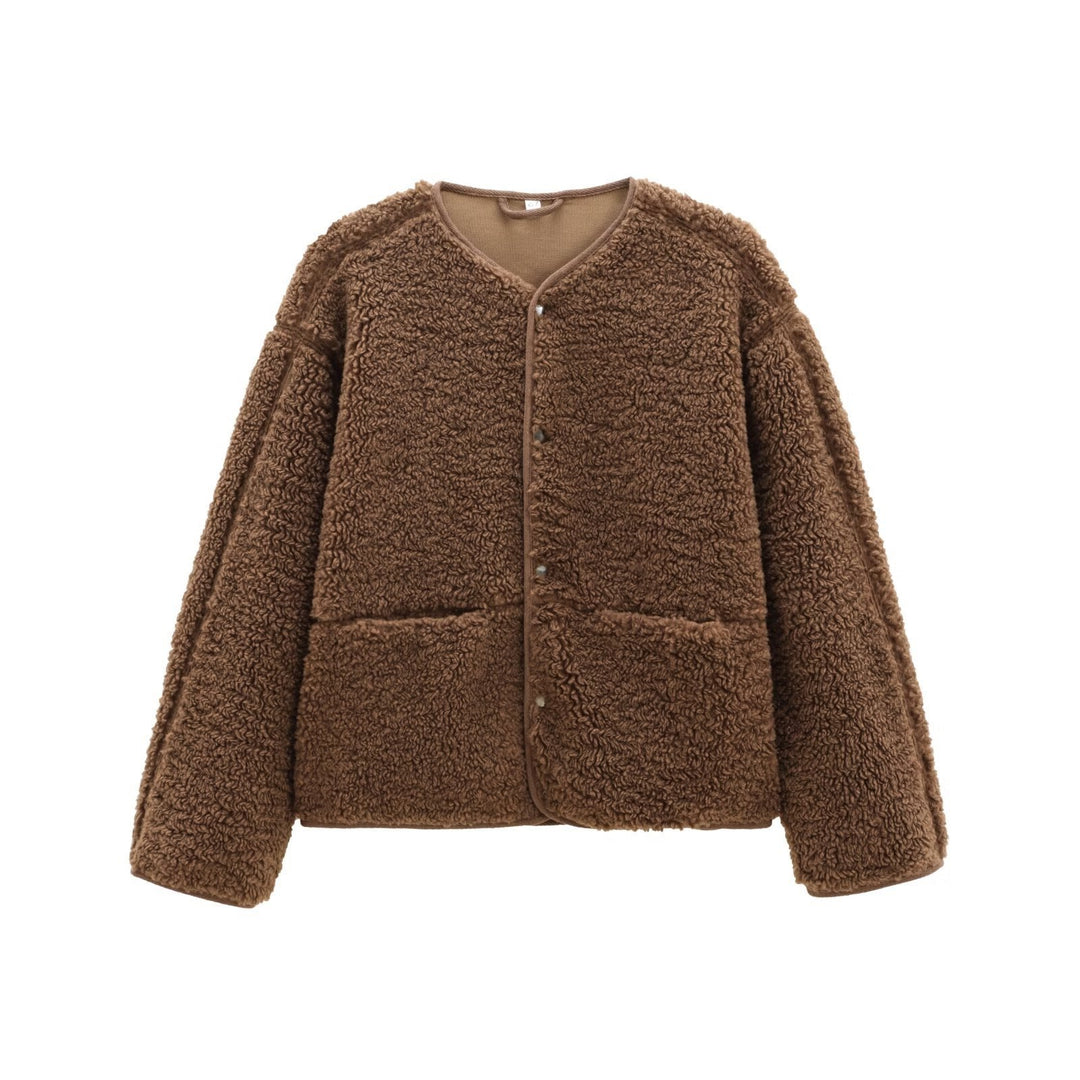 Damen Teddyfleece-Jacke, Rundhalsausschnitt, schlicht